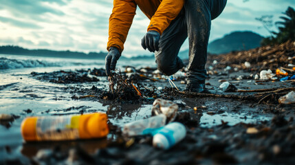 Person collects plastic waste from muddy shoreline during overcast weather while wearing yellow boots and gloves