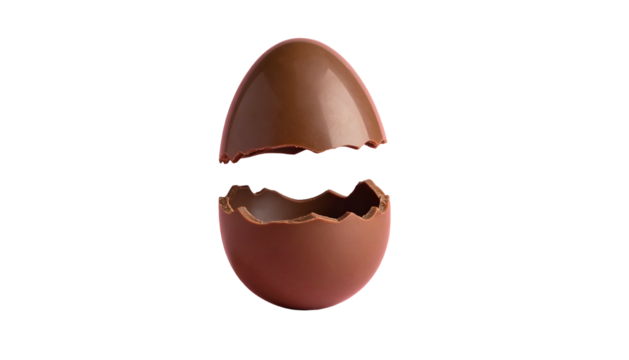 A cracked chocolate egg, its two halves separated against a stark black background