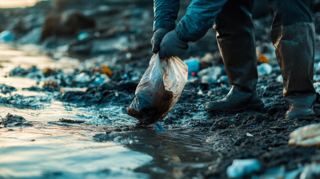 Person collects plastic waste from muddy shoreline during overcast weather while wearing yellow boots and gloves