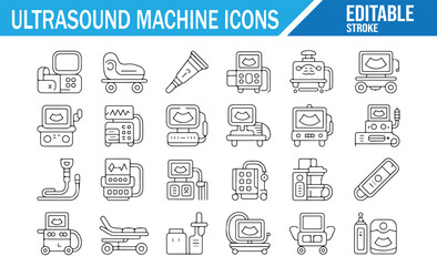 Ultrasound machine and medical diagnostic outline icon set with scanner, monitor, probe, hospital equipment and radiology symbols for healthcare, clinic, pregnancy and medical imaging design