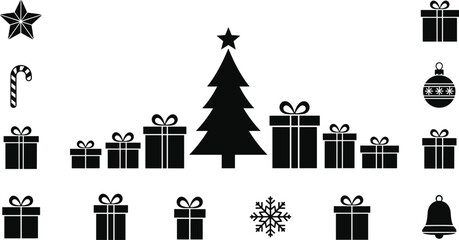 Black Christmas tree and gift box icons with snowflake, bell, ornament, candy cane, star, festive holiday vector design