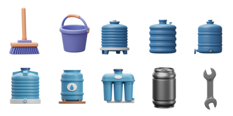 Collection of various water containers and cleaning tools including large blue water jugs a purple bucket and a broom against a black background