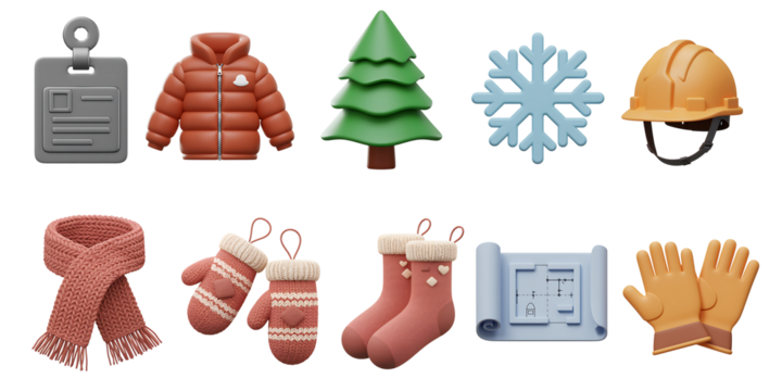 Collection of winter clothing accessories and holiday decorations including a snowflake christmas tree and safety helmet