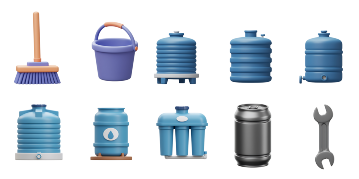 Collection of various water containers and cleaning tools including large blue water jugs a purple bucket and a broom against a black background