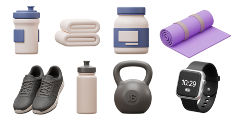 Collection of fitness equipment and accessories for a healthy lifestyle including water bottles towels supplements yoga mat shoes kettlebell and smartwatch