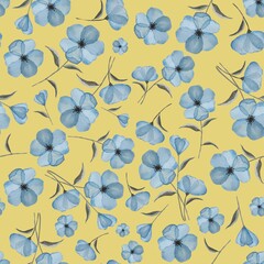 Blue Watercolour Flowers Seamless Pattern on Yellow Background