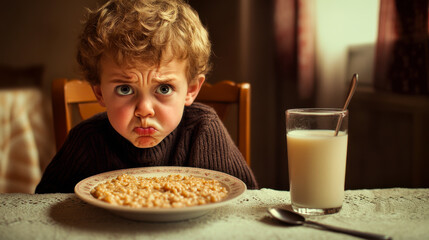 Young boy looks disappointed while sitting at the table with a bowl of cereal and a glass of milk in the early morning light