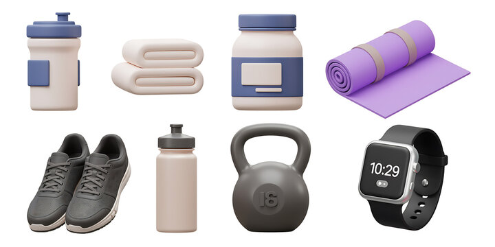Collection of fitness equipment and accessories for a healthy lifestyle including water bottles towels supplements yoga mat shoes kettlebell and smartwatch