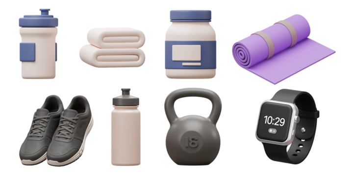 Collection of fitness equipment and accessories for a healthy lifestyle including water bottles towels supplements yoga mat shoes kettlebell and smartwatch