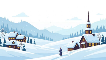 Fototapeta premium Serene winter village illustration with snow-covered houses and church, person walking through tranquil landscape, evoking peaceful holiday mood and seasonal charm