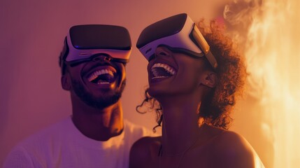 Man and woman wearing virtual reality glasses indoors exploring digital experiences together