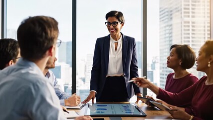 Confident female leader guides diverse business team in a modern office meeting, fostering collaboration and strategic discussion with a city backdrop - Powered by Adobe
