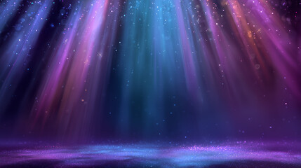 Magischer Bühnenhintergrund mit bunten Lichtstrahlen und schimmerndem Glitzer