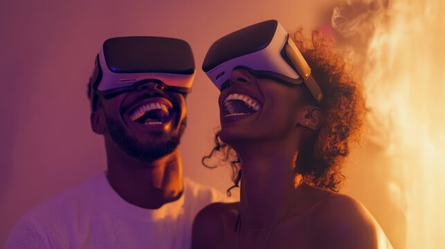 Man and woman wearing virtual reality glasses indoors exploring digital experiences together