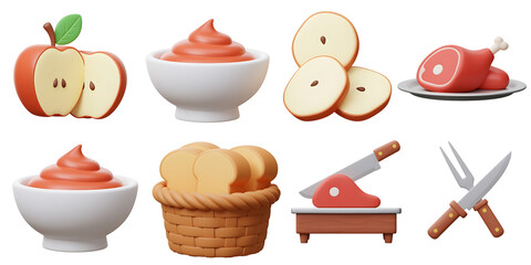 A vibrant collection of food related 3d rendered illustrations including sliced apples smooth puree baked bread and carving tools on a black background