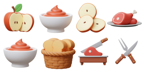 A vibrant collection of food related 3d rendered illustrations including sliced apples smooth puree baked bread and carving tools on a black background