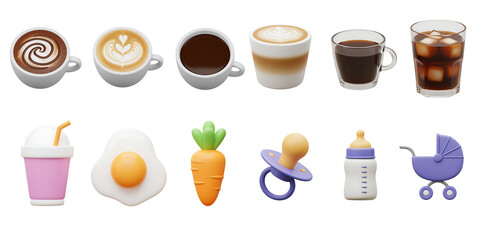 Collection of miniature food and drink items including coffee latte milkshake fried egg carrot pacifier baby bottle and stroller