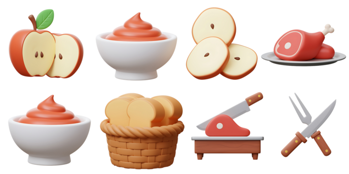 A vibrant collection of food related 3d rendered illustrations including sliced apples smooth puree baked bread and carving tools on a black background