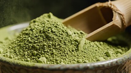 Matcha Green Tea Powder Ceremony CloseUp of Vibrant Green Tea Powder Being Scooped into a Bowl with a Wooden Spoon Showcasing Traditional Preparation and Healthy Lifestyle.