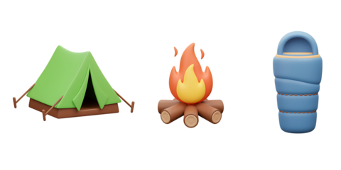 Illustration of camping gear including a green tent a campfire with flames and a rolled up blue sleeping bag on a black background