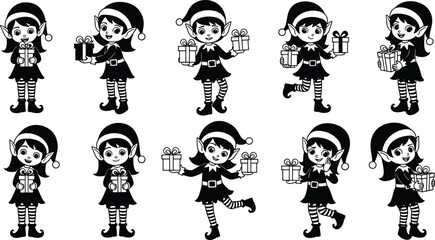 Cartoon Christmas elves, festive gift boxes, holiday characters, black and white vector set, cheerful poses, seasonal illustration icons
