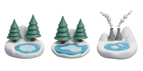 Three stylized winter landscapes on black background showing a healthy forest with lake and a polluted industrial factory with smoke