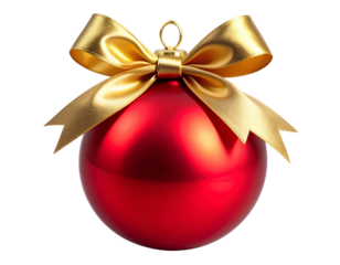 Glossy Red Bauble with Sculpted Gold Bow and Soft Glow Highlights, PNG