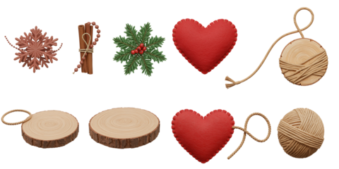 Collection of rustic handmade christmas ornaments including a snowflake wooden beads pine sprigs red hearts and oval wood slices