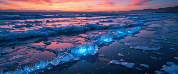 frozen coastal beach in Iceland during twilight, waves partially frozen creating transparent crystal layers glowing with neon pink, cyan, and orange reflections, bright rainbow light streaks across
