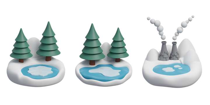 Three stylized winter landscapes on black background showing a healthy forest with lake and a polluted industrial factory with smoke