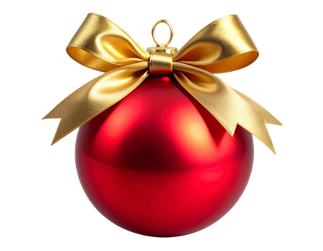 Glossy Red Bauble with Sculpted Gold Bow and Soft Glow Highlights, PNG