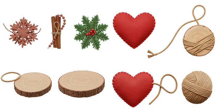 Collection of rustic handmade christmas ornaments including a snowflake wooden beads pine sprigs red hearts and oval wood slices