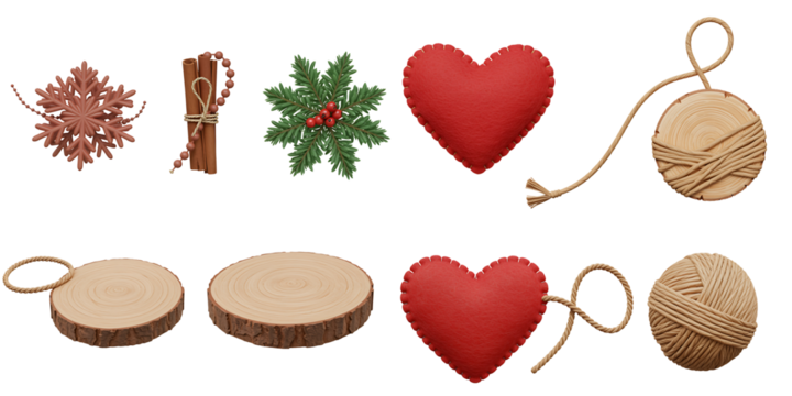 Collection of rustic handmade christmas ornaments including a snowflake wooden beads pine sprigs red hearts and oval wood slices