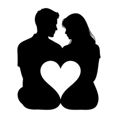 Silhouette of a couple embracing with a heart shape between them both