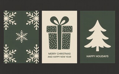 Minimalist Christmas and Holiday Cards with Snowflakes, Gift Box, and Tree Icons