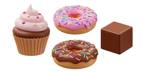 A delicious assortment of sweet treats including a frosted cupcake two colorful donuts and a chocolate bar against a black background