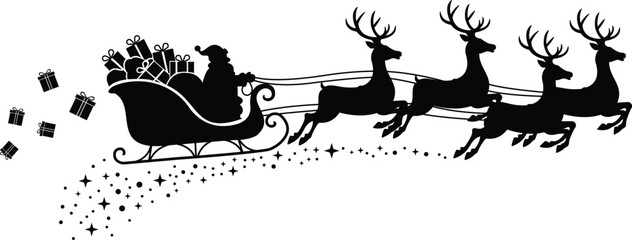 Santa Claus in Sleigh with Reindeer Flying Silhouette: Christmas Magic, Holiday Night Vector