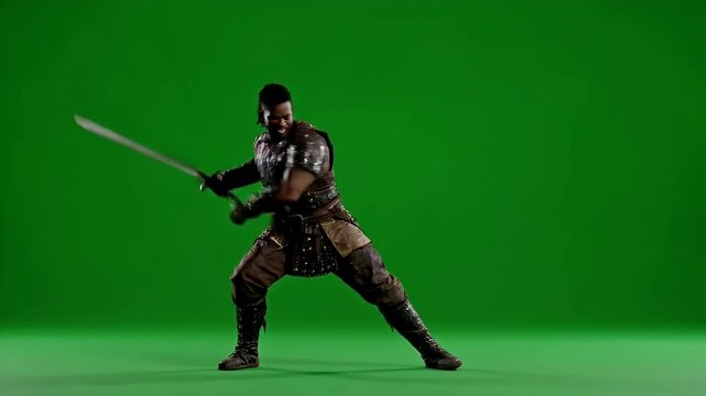 Fierce Male Warrior in Armor Wielding a Sword on a Green Screen Background.
