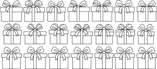 Christmas gift box pattern with decorative bows, festive present outline design, holiday packaging illustration, black and white vector