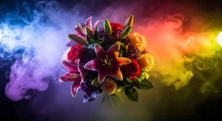 Artistic floral arrangement of roses and lilies surrounded by vibrant swirling smoke in blue, purple, and yellow hues against a dark background.