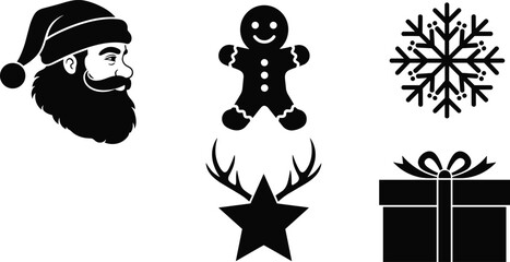Christmas icon set with Santa Claus face, gingerbread man, snowflake, reindeer star and gift box vector illustration