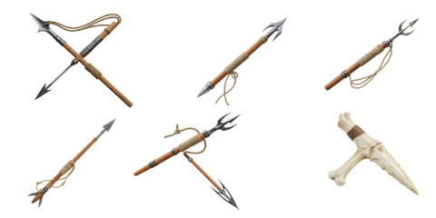 Collection of six primitive spears and a bone tool displayed against a dark background
