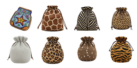 Collection of eight decorative drawstring gift bags showcasing various animal prints and a mosaic pattern on a black background