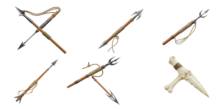 Collection of six primitive spears and a bone tool displayed against a dark background