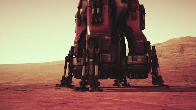 A robotic base is set against the Martian landscape, showcasing advanced technology designed for explorations. The reddish terrain reflects twilight hues, creating an otherworldly atmosphere.