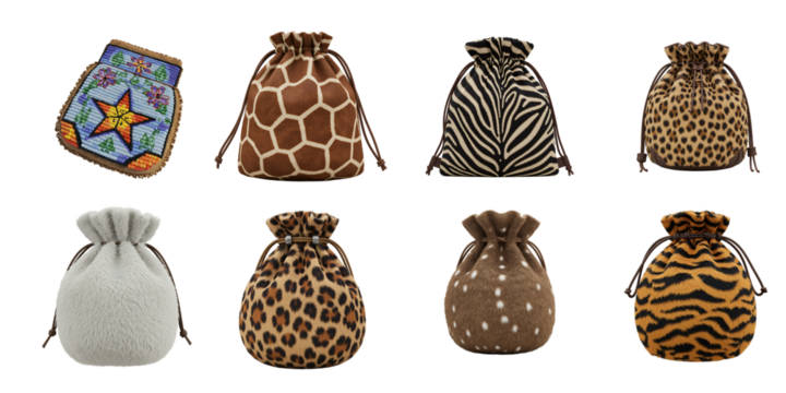 Collection of eight decorative drawstring gift bags showcasing various animal prints and a mosaic pattern on a black background