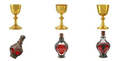 Collection of ornate antique golden goblets and decorative glass bottles filled with red liquid and berries on a black background