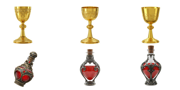 Collection of ornate antique golden goblets and decorative glass bottles filled with red liquid and berries on a black background