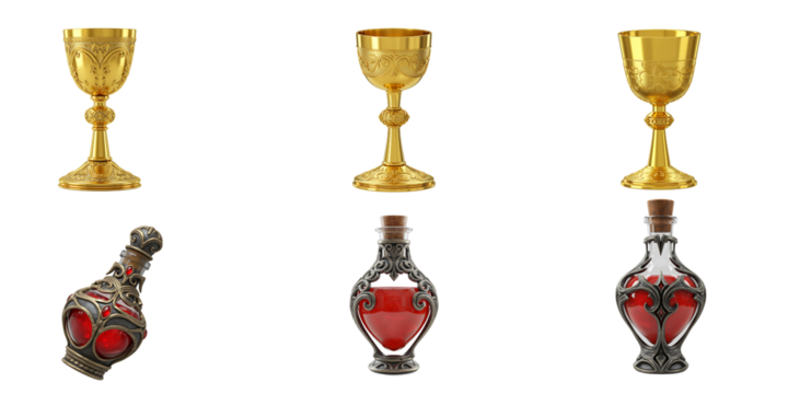 Collection of ornate antique golden goblets and decorative glass bottles filled with red liquid and berries on a black background