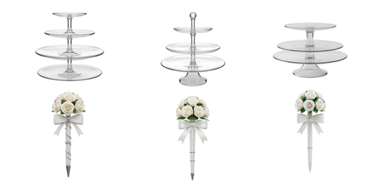 Elegant tiered silver dessert stands adorned with delicate white floral arrangements and satin ribbon bows on a black background
